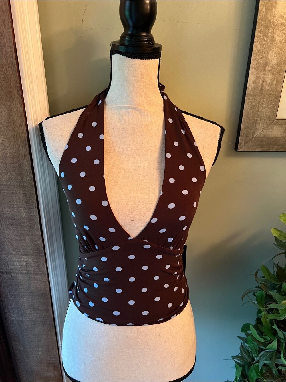Moa Moa Brown Halter Top with blue Polka Dots
